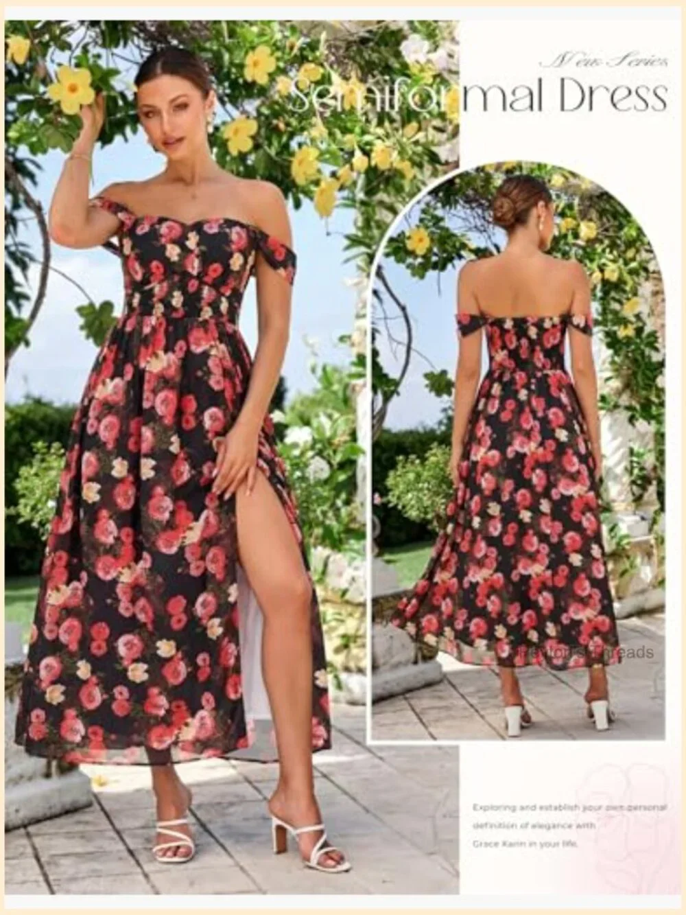 Off Shoulder Flowy A-Line Maxi Dress with Pockets - Picture 2 of 7